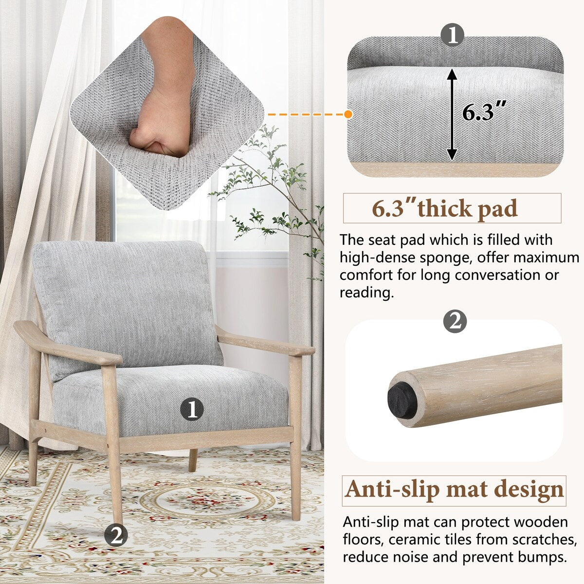 Wooden Arms Arm Chairs, Thick Pad Upholstered Accent Chair