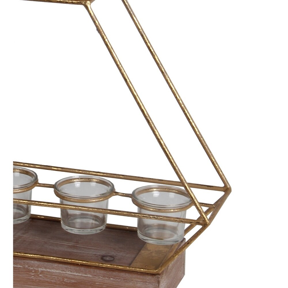 Wooden Base Metal Candle Lantern with 4 Glass Votive, Small, Gold