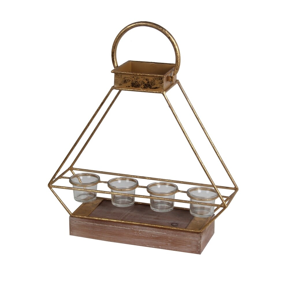 Wooden Base Metal Candle Lantern with 4 Glass Votive, Small, Gold