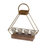 Wooden Base Metal Candle Lantern with 4 Glass Votive, Small, Gold