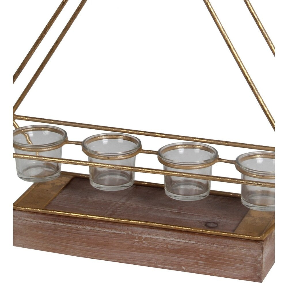 Wooden Base Metal Candle Lantern with 4 Glass Votive, Small, Gold