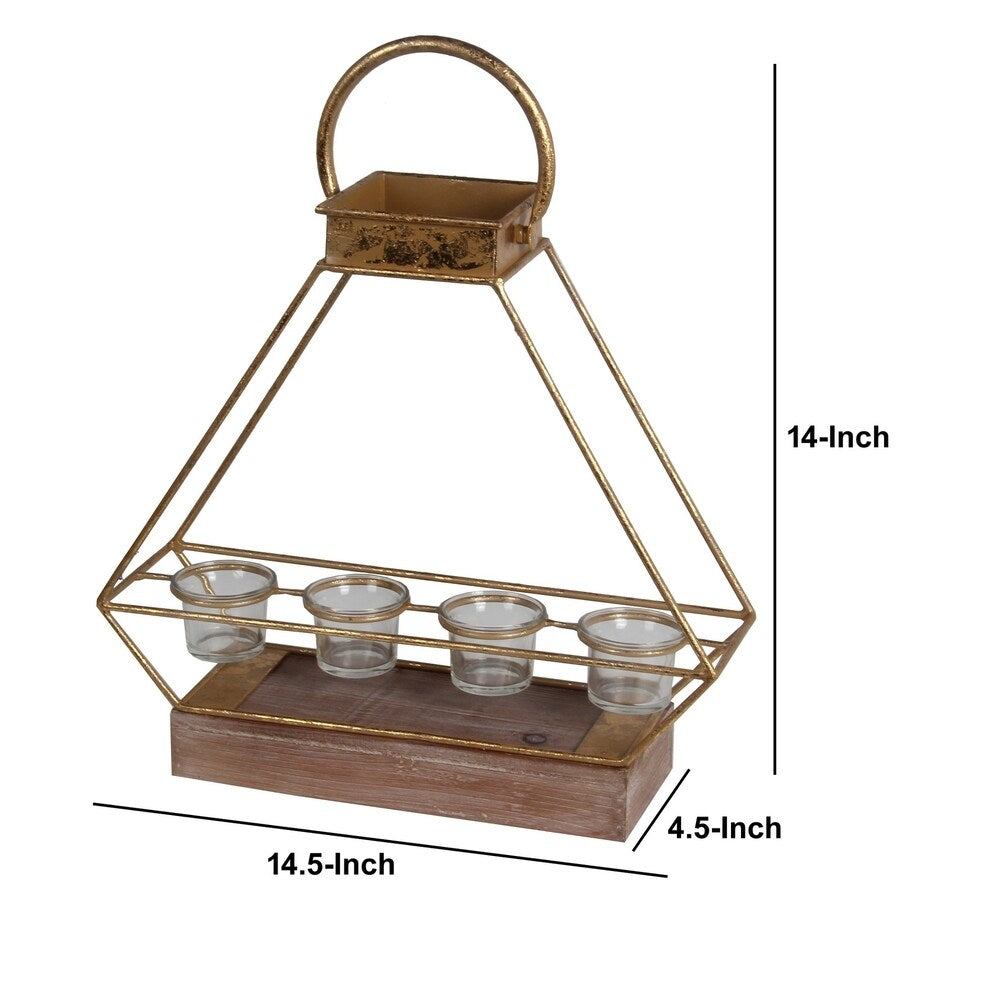 Wooden Base Metal Candle Lantern with 4 Glass Votive, Small, Gold