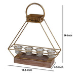 Wooden Base Metal Candle Lantern with 4 Glass Votive, Small, Gold