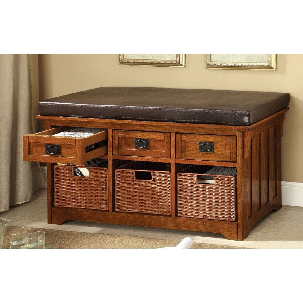 Wooden Bench with Storage Drawers in Antique Oak