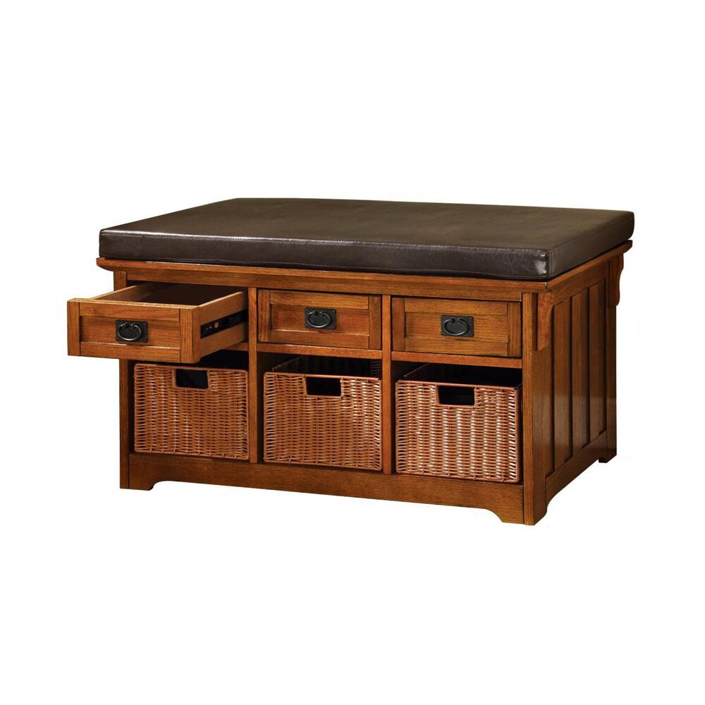 Wooden Bench with Storage Drawers in Antique Oak