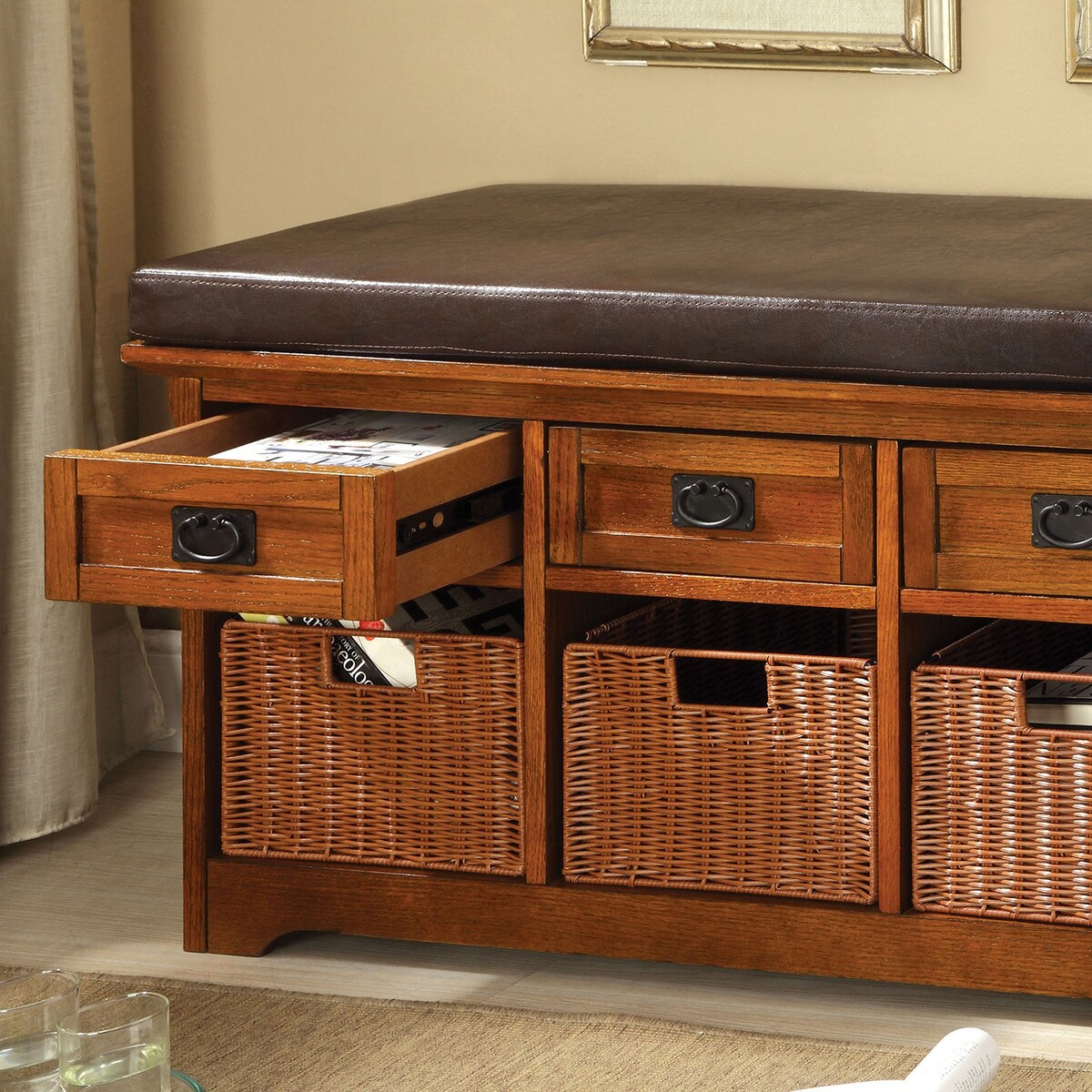 Wooden Bench with Storage Drawers in Antique Oak