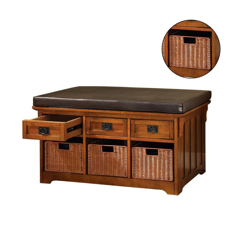 Wooden Bench with Storage Drawers in Antique Oak