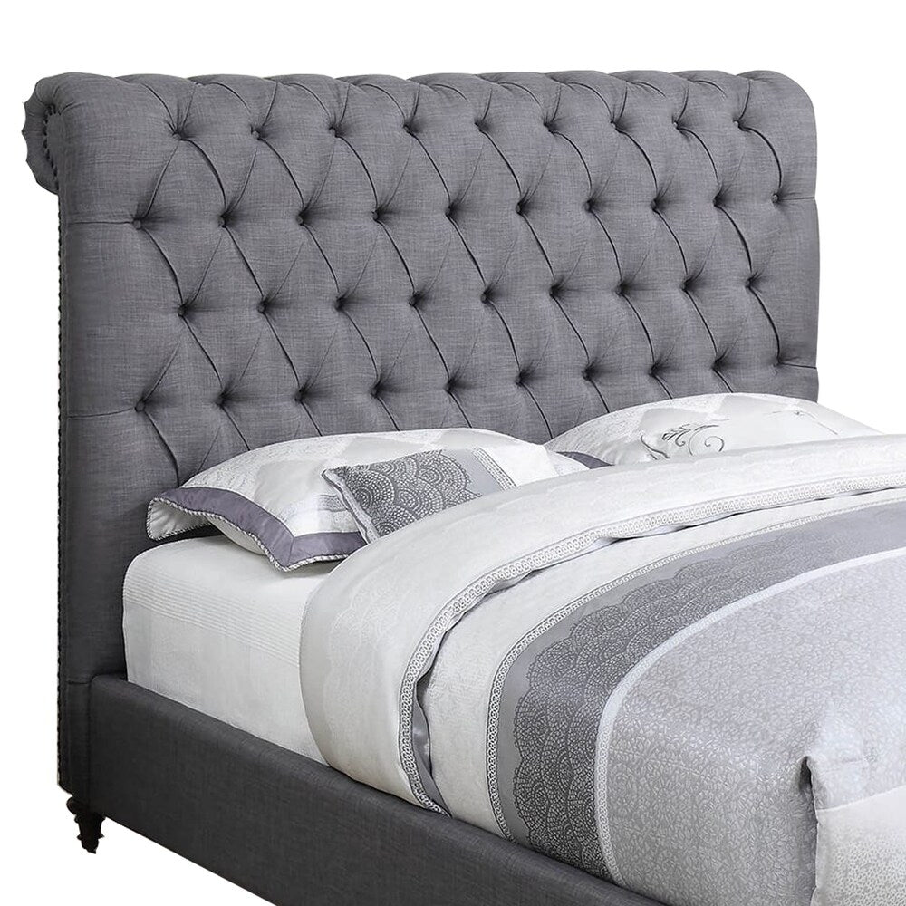 Wooden California King Size Bed with Button Tufted Headboard, Gray