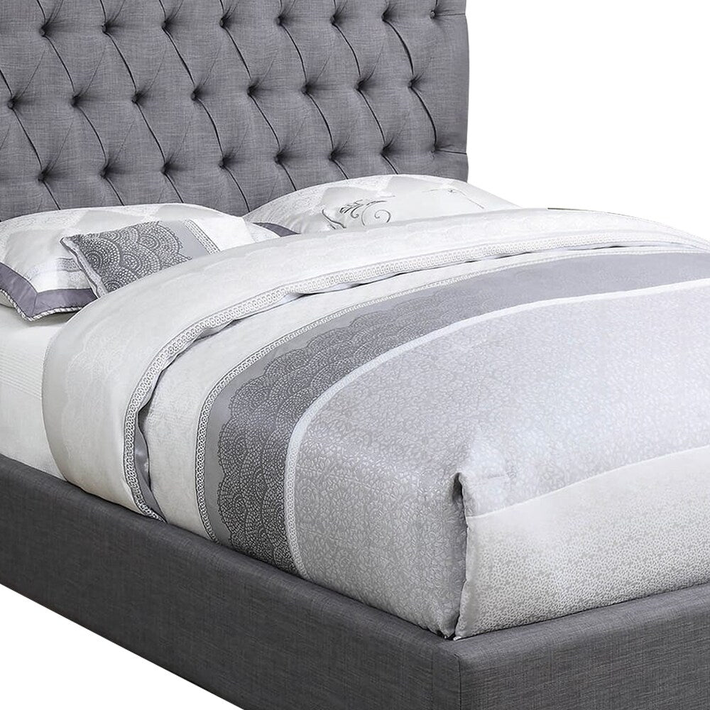 Wooden California King Size Bed with Button Tufted Headboard, Gray