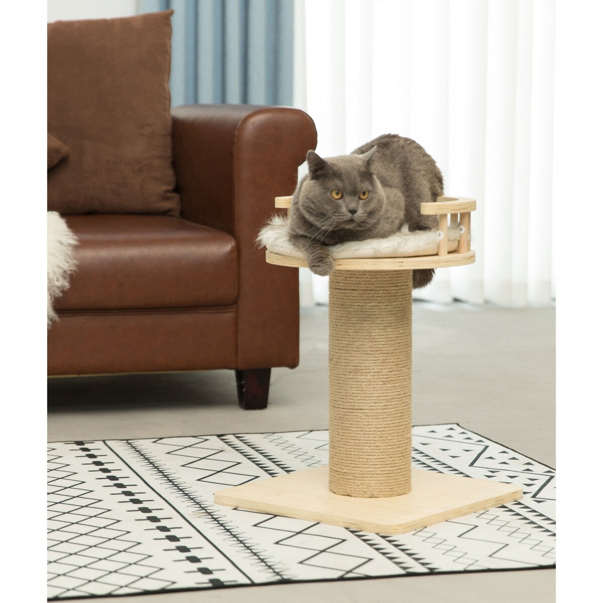 Wooden Cat Sisal Scratching Post Tree Tower with Seat Pet Bed Lounge - Natural