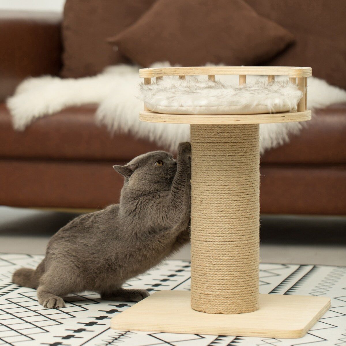 Wooden Cat Sisal Scratching Post Tree Tower with Seat Pet Bed Lounge - Natural