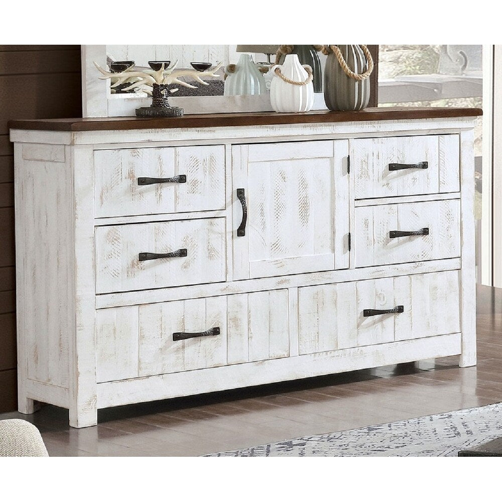 Wooden Dresser with 6 Drawer in Distressed White