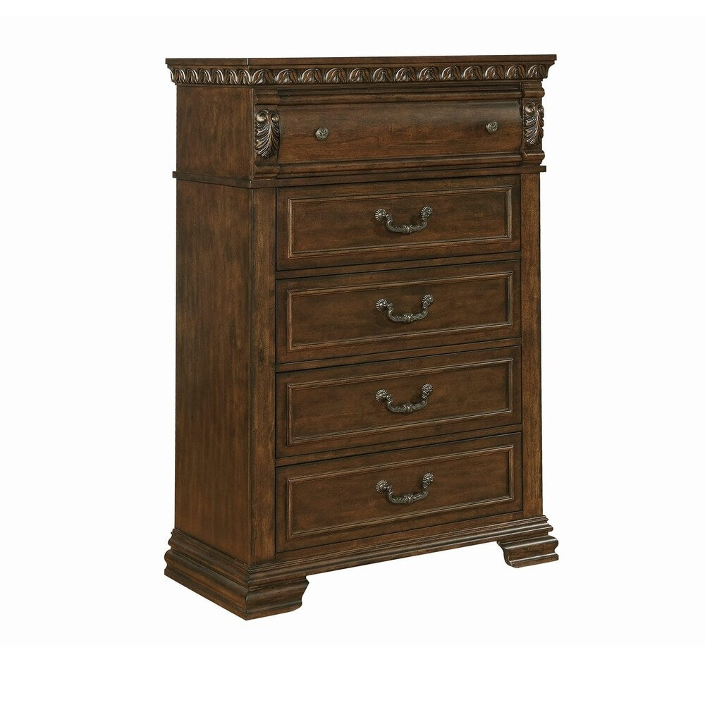 Wooden Chest with Acanthus Leaf Carvings and 5 Drawers, Brown