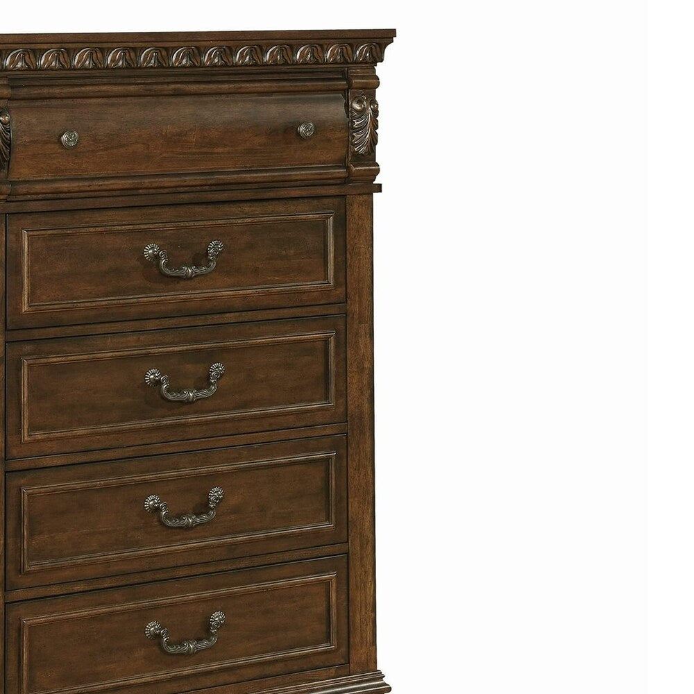 Wooden Chest with Acanthus Leaf Carvings and 5 Drawers, Brown