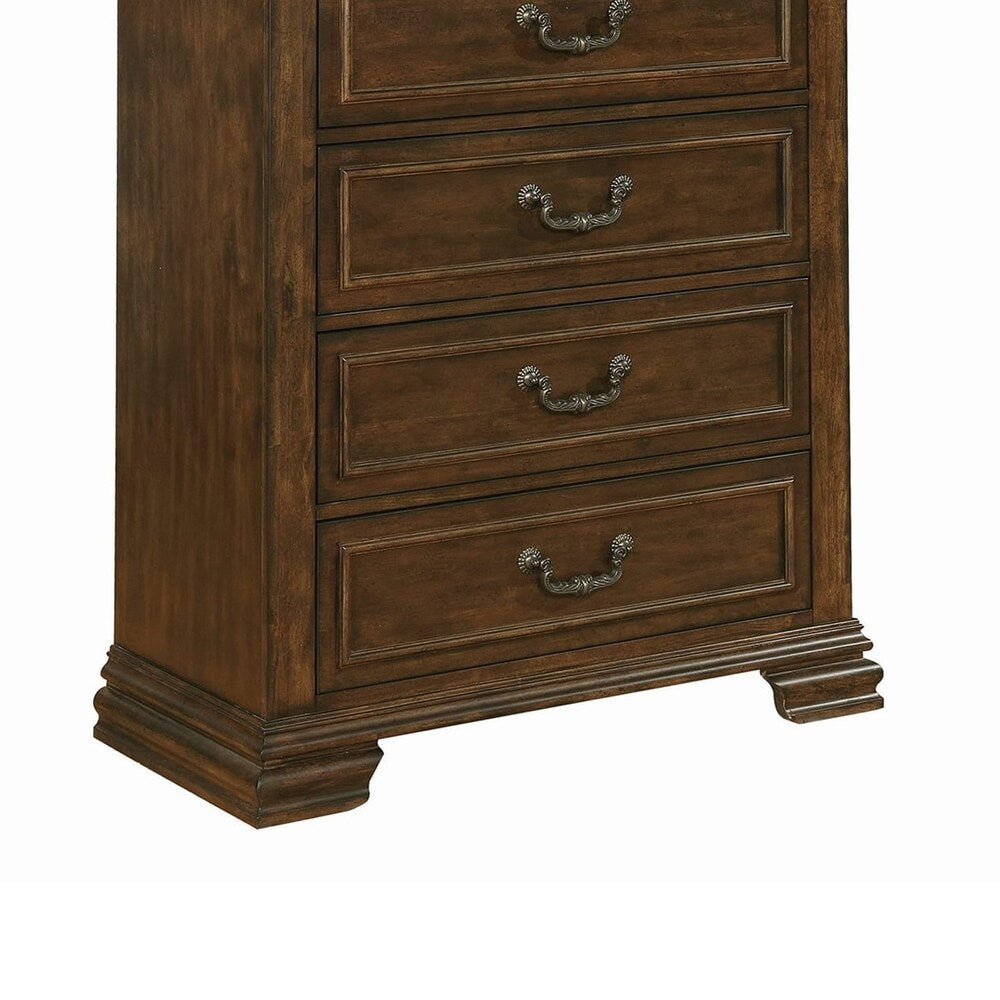 Wooden Chest with Acanthus Leaf Carvings and 5 Drawers, Brown
