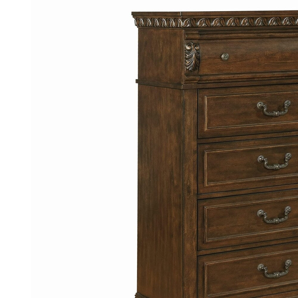 Wooden Chest with Acanthus Leaf Carvings and 5 Drawers, Brown