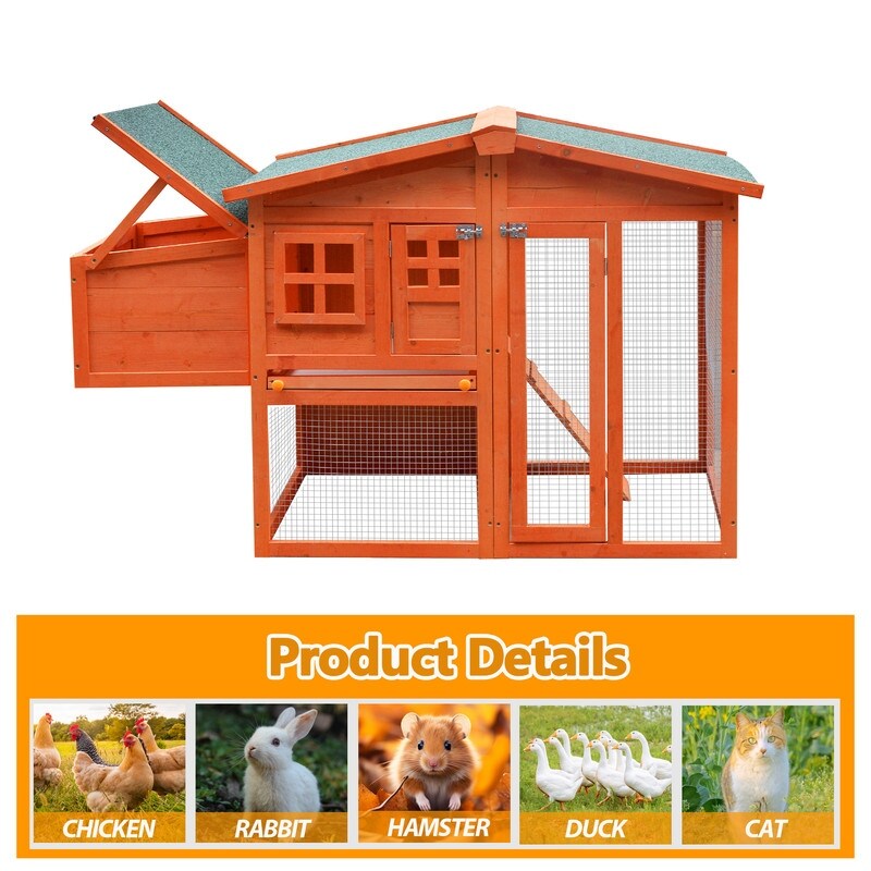 Wooden Chicken Coop,Waterproof Outdoor Large Chicken House for 4 Chickens, with a Removable Tray,Nesting Box, Wire Fence