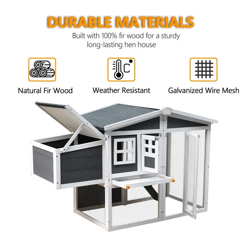 Wooden Chicken Coop,Waterproof Outdoor Large Chicken House for 4 Chickens, with a Removable Tray,Nesting Box, Wire Fence