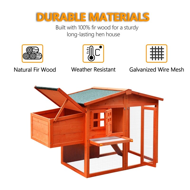 Wooden Chicken Coop,Waterproof Outdoor Large Chicken House for 4 Chickens, with a Removable Tray,Nesting Box, Wire Fence