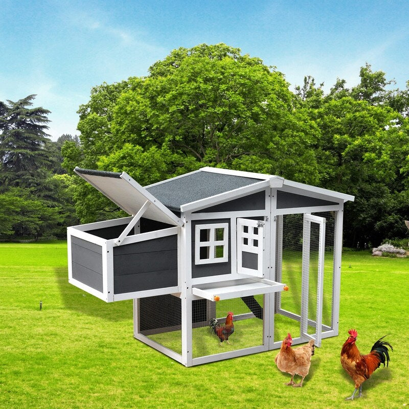 Wooden Chicken Coop,Waterproof Outdoor Large Chicken House for 4 Chickens, with a Removable Tray,Nesting Box, Wire Fence