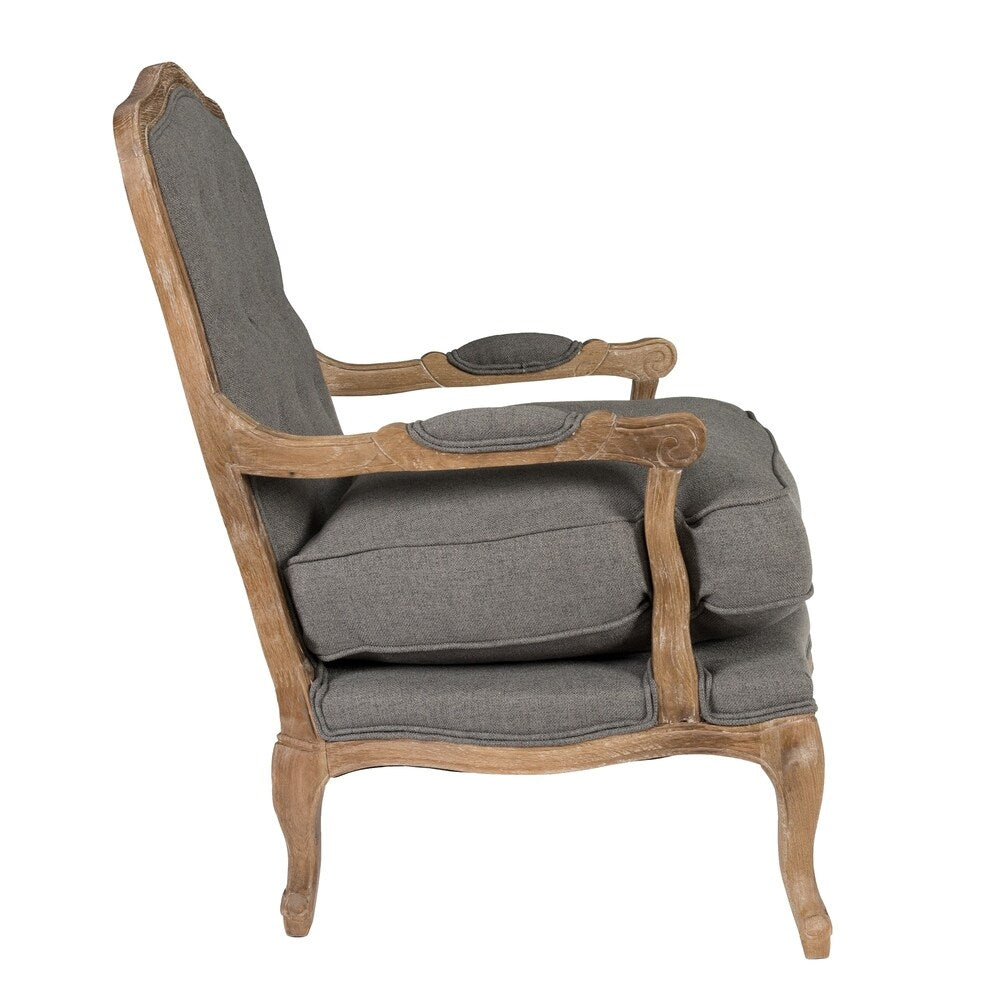 Wooden Club Chair with Button Tufting and Pillow Seat, Gray and Brown