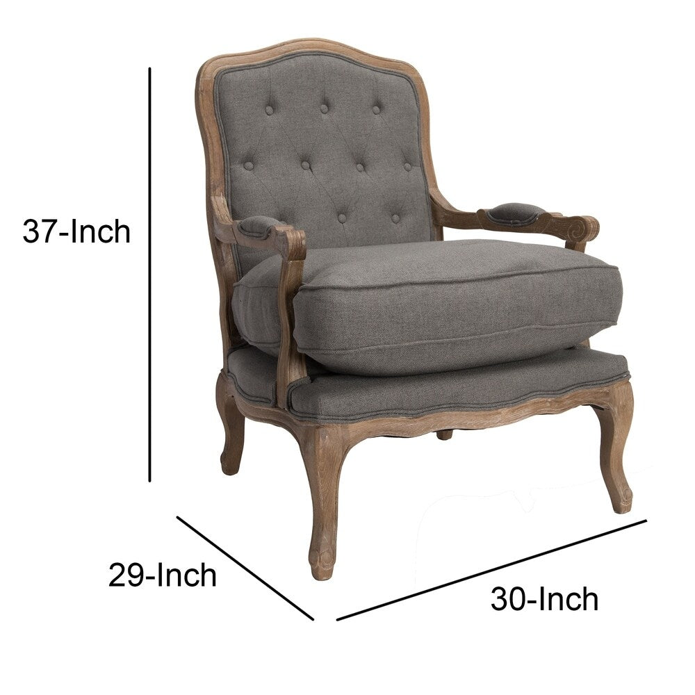 Wooden Club Chair with Button Tufting and Pillow Seat, Gray and Brown