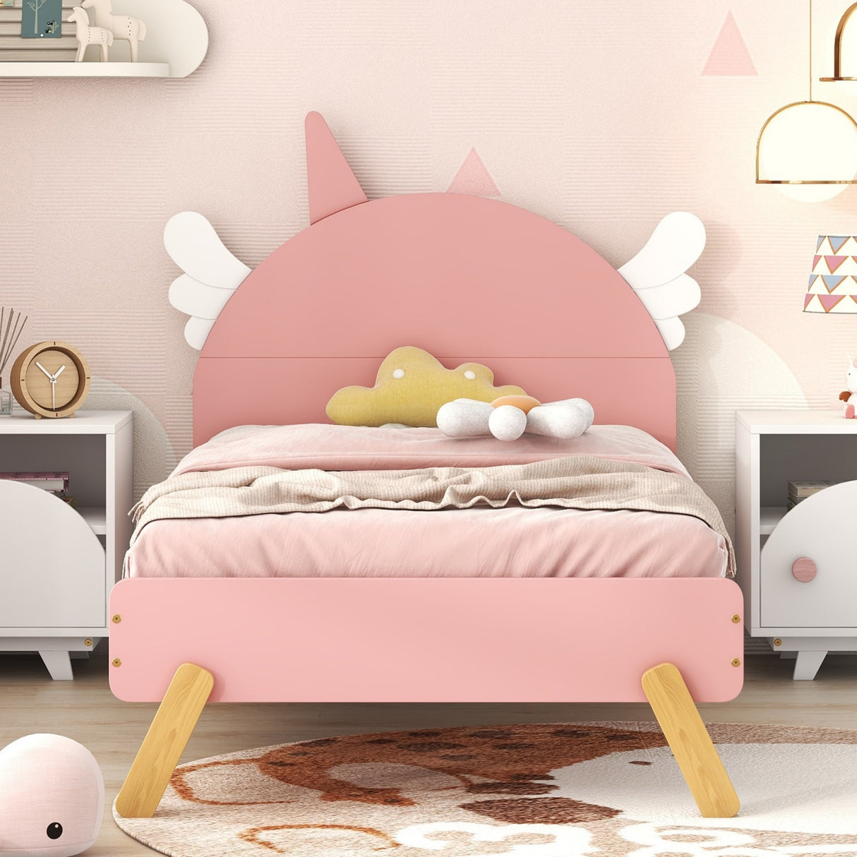 Wooden Cute Bed With Unicorn Shape Headboard