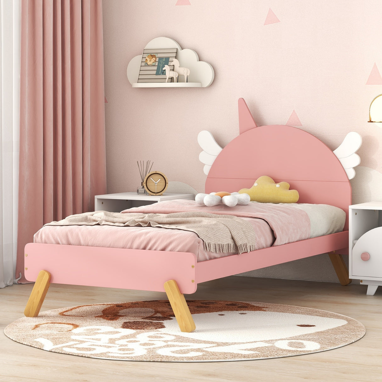 Wooden Cute Bed With Unicorn Shape Headboard