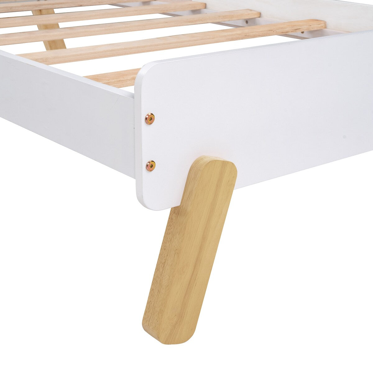 Wooden Cute Platform Bed with Curved Headboard and Shelf Behind Headboard