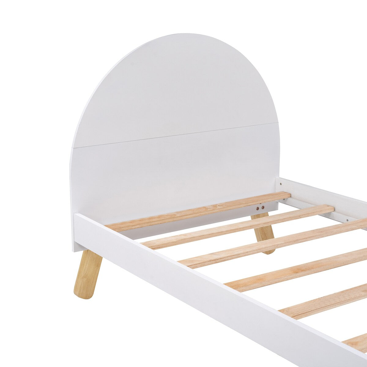 Wooden Cute Platform Bed with Curved Headboard and Shelf Behind Headboard