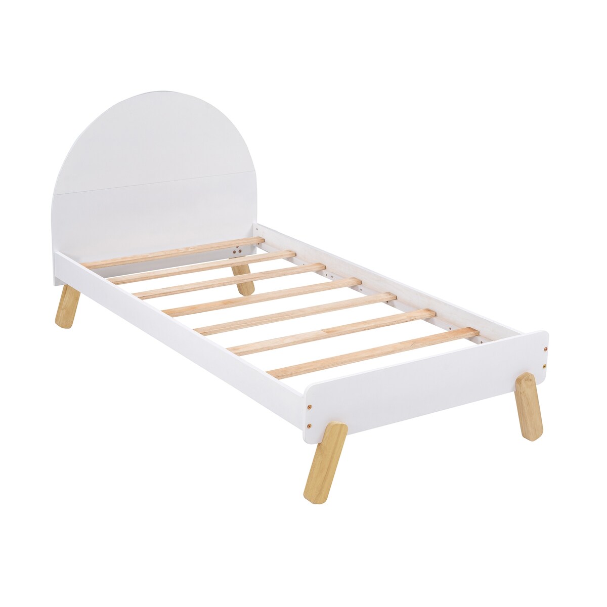 Wooden Cute Platform Bed with Curved Headboard and Shelf Behind Headboard