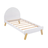 Wooden Cute Platform Bed with Curved Headboard and Shelf Behind Headboard