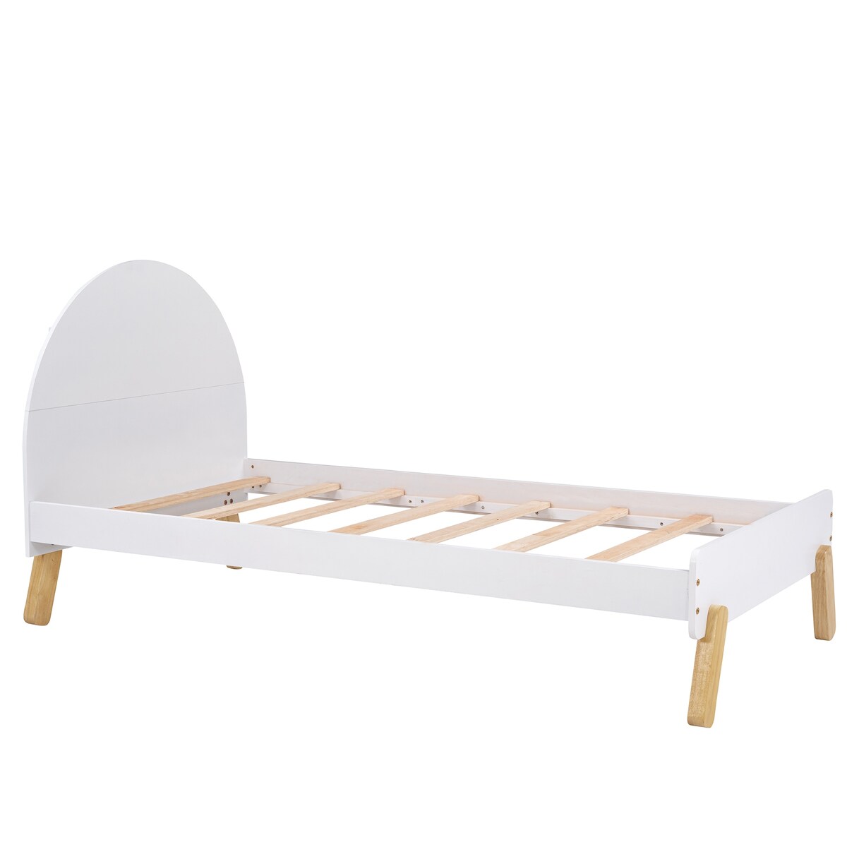 Wooden Cute Platform Bed with Curved Headboard and Shelf Behind Headboard