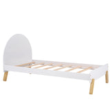 Wooden Cute Platform Bed with Curved Headboard and Shelf Behind Headboard