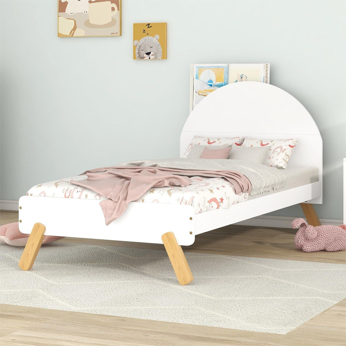 Wooden Cute Platform Bed with Curved Headboard and Shelf Behind Headboard