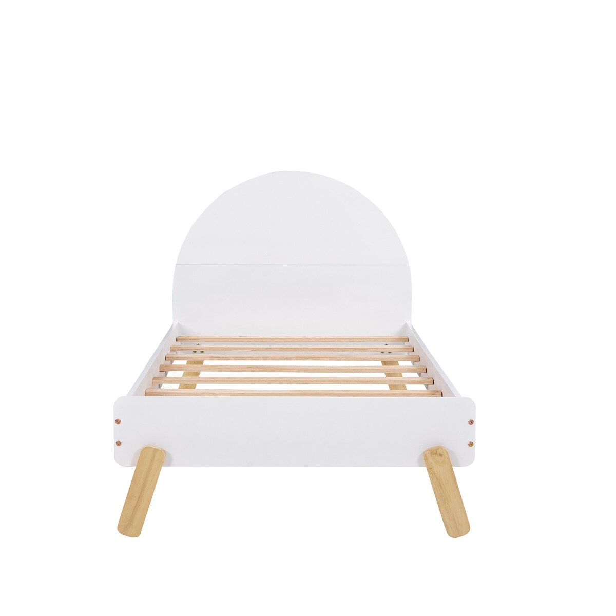 Wooden Cute Platform Bed with Curved Headboard and Shelf Behind Headboard
