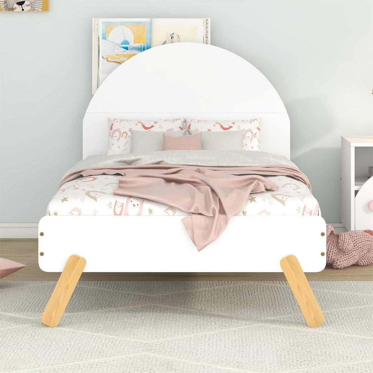 Wooden Cute Platform Bed with Curved Headboard and Shelf Behind Headboard