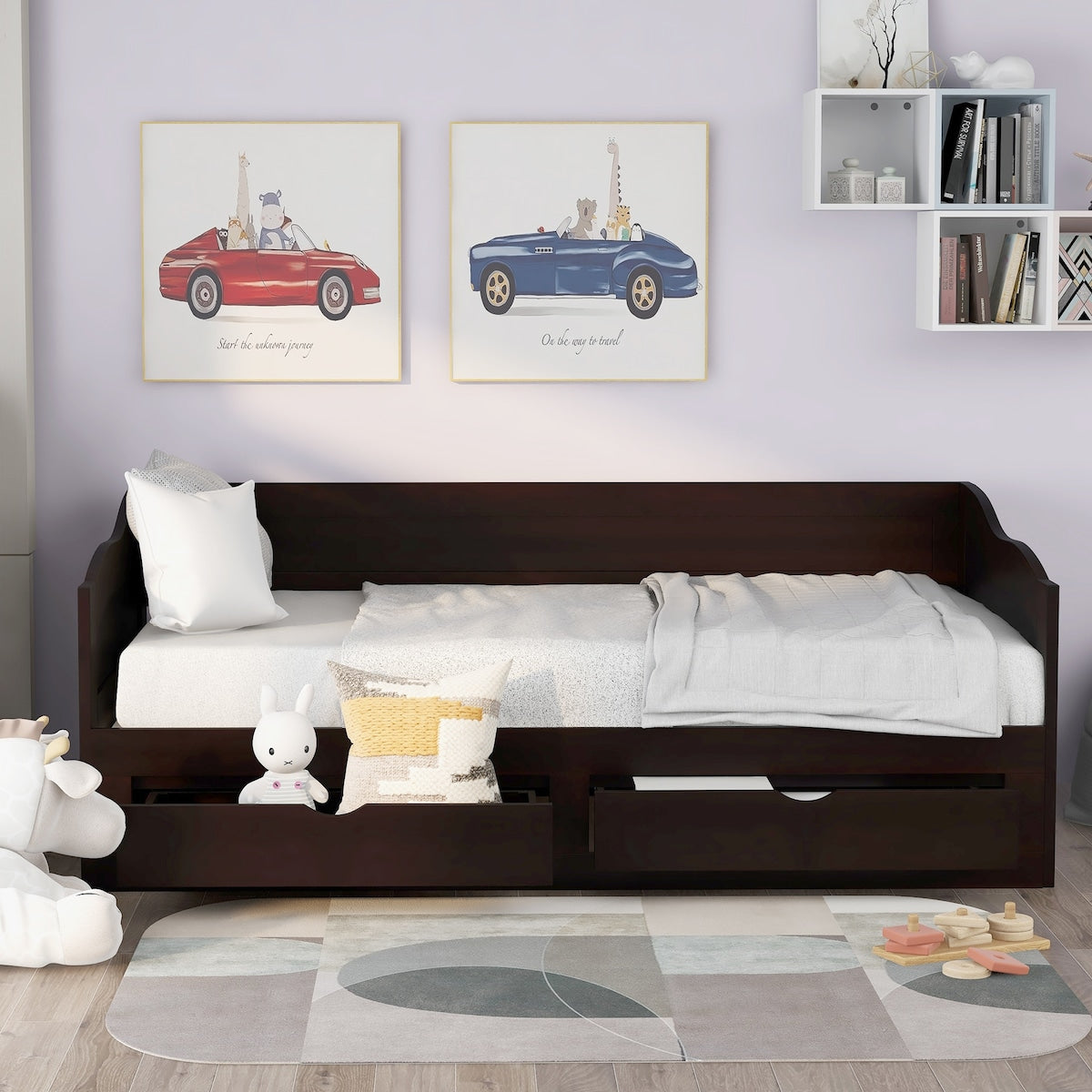 Wooden Daybed with Trundle Bed and Two Storage Drawers , Extendable Bed Daybed,Sofa Bed with Two Drawers