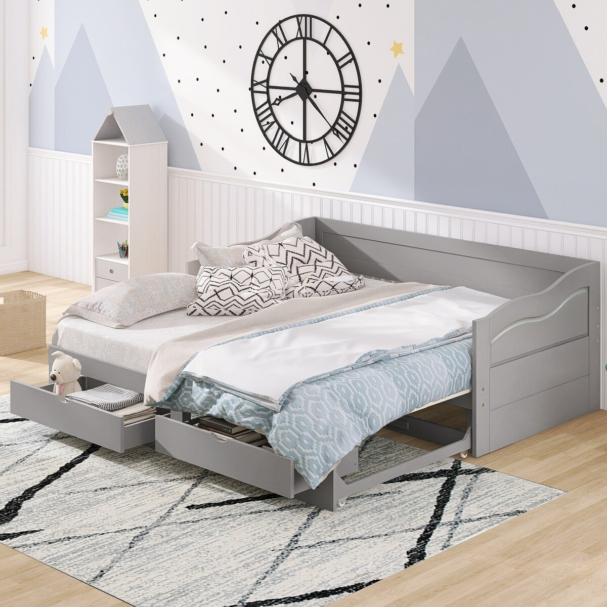 Wooden Daybed with Trundle Bed and Two Storage Drawers , Extendable Bed Daybed,Sofa Bed with Two Drawers
