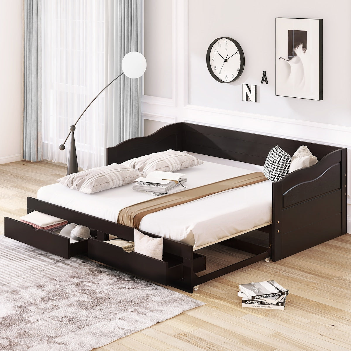 Wooden Daybed with Trundle Bed and Two Storage Drawers , Extendable Bed Daybed,Sofa Bed with Two Drawers