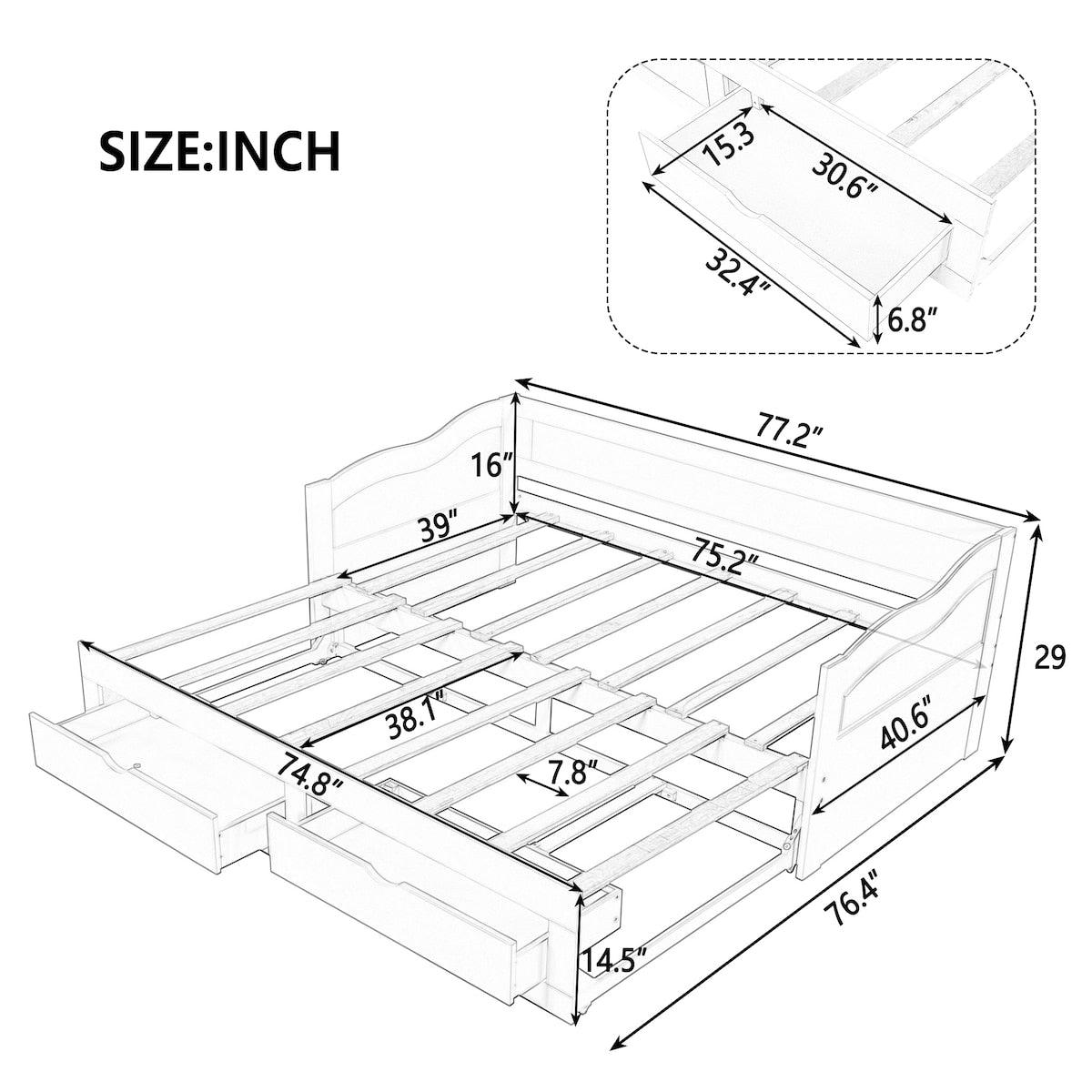 Wooden Daybed with Trundle Bed and Two Storage Drawers , Extendable Bed Daybed,Sofa Bed with Two Drawers