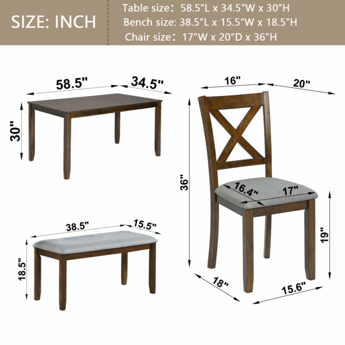 Wooden Dining Rectangular Table with Bench, Kitchen Table with Bench for Small Space,6 Person Dining Table