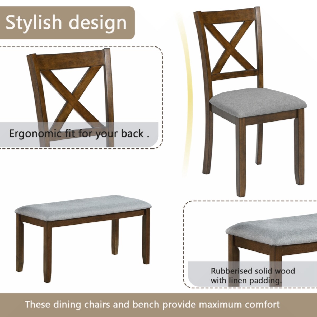Wooden Dining Rectangular Table with Bench, Kitchen Table with Bench for Small Space,6 Person Dining Table