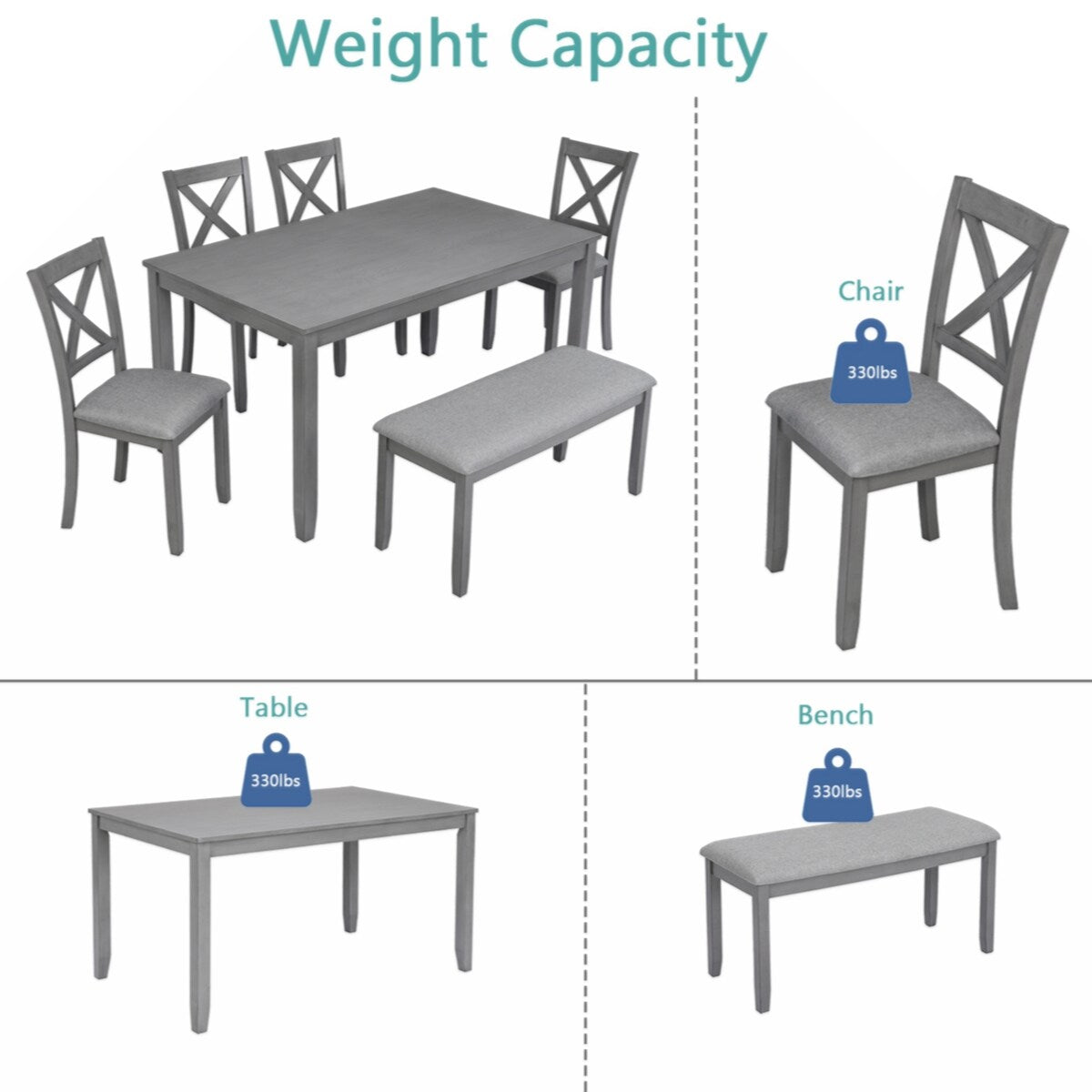 Wooden Dining Rectangular Table with Bench, Kitchen Table with Bench for Small Space,6 Person Dining Table
