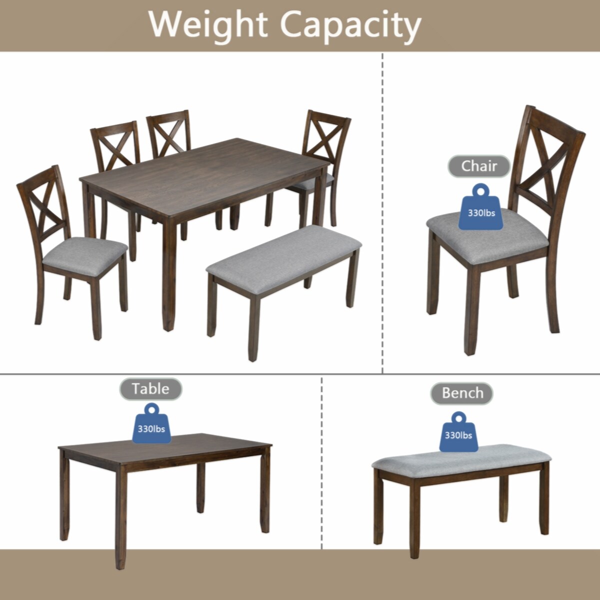 Wooden Dining Rectangular Table with Bench, Kitchen Table with Bench for Small Space,6 Person Dining Table