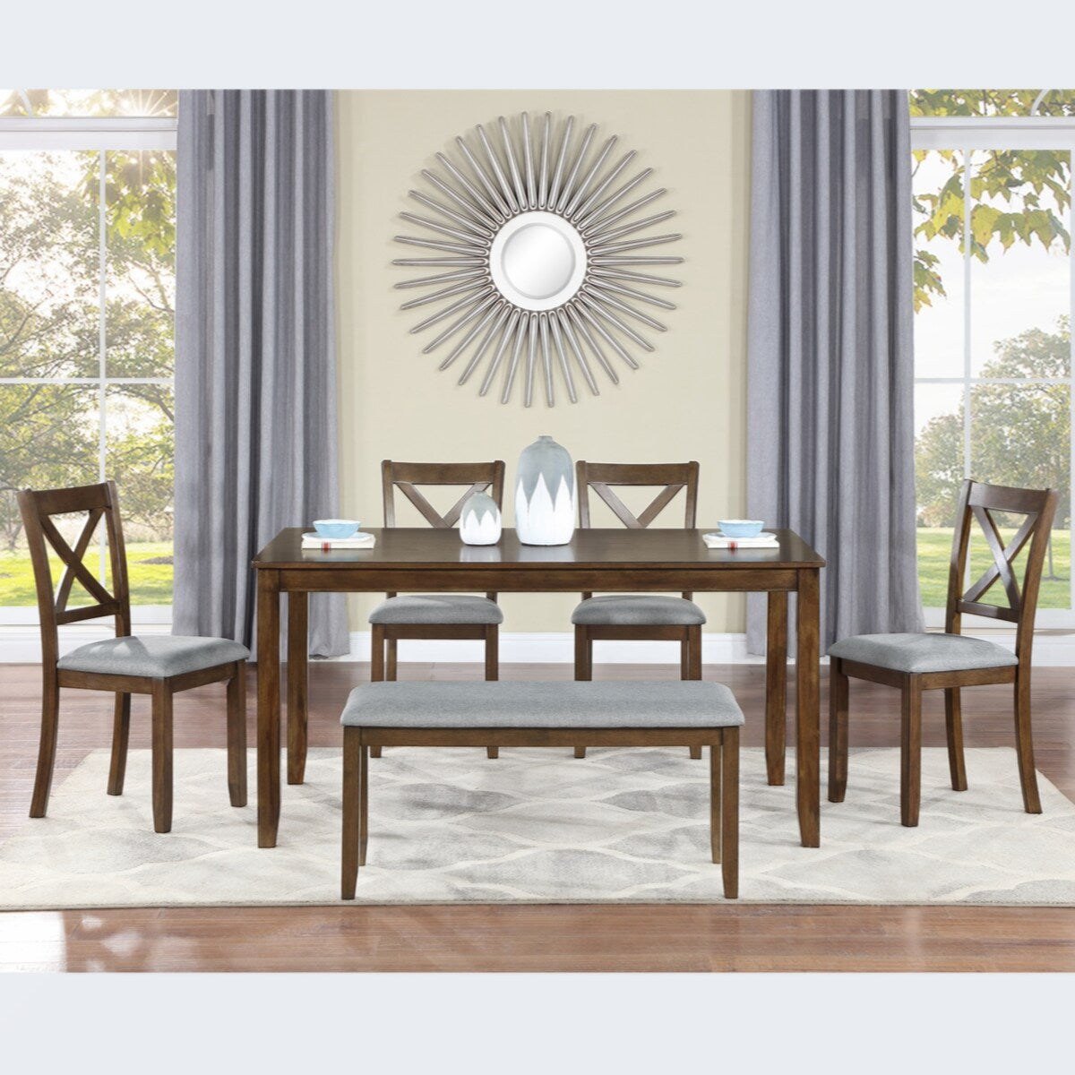 Wooden Dining Rectangular Table with Bench, Kitchen Table with Bench for Small Space,6 Person Dining Table