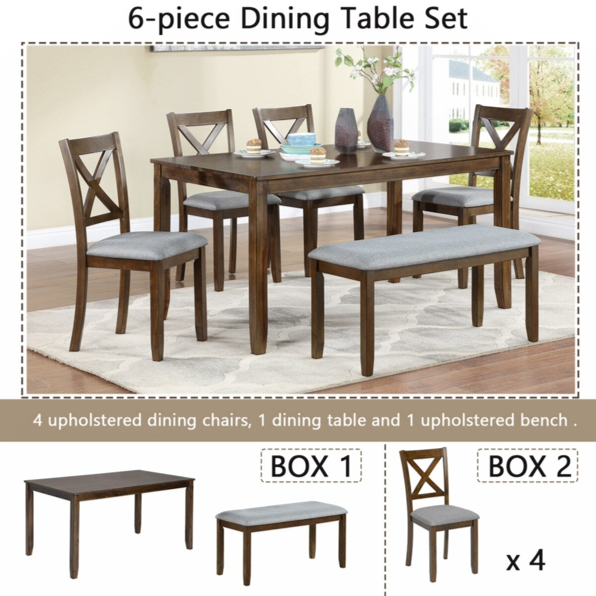 Wooden Dining Rectangular Table with Bench, Kitchen Table with Bench for Small Space,6 Person Dining Table