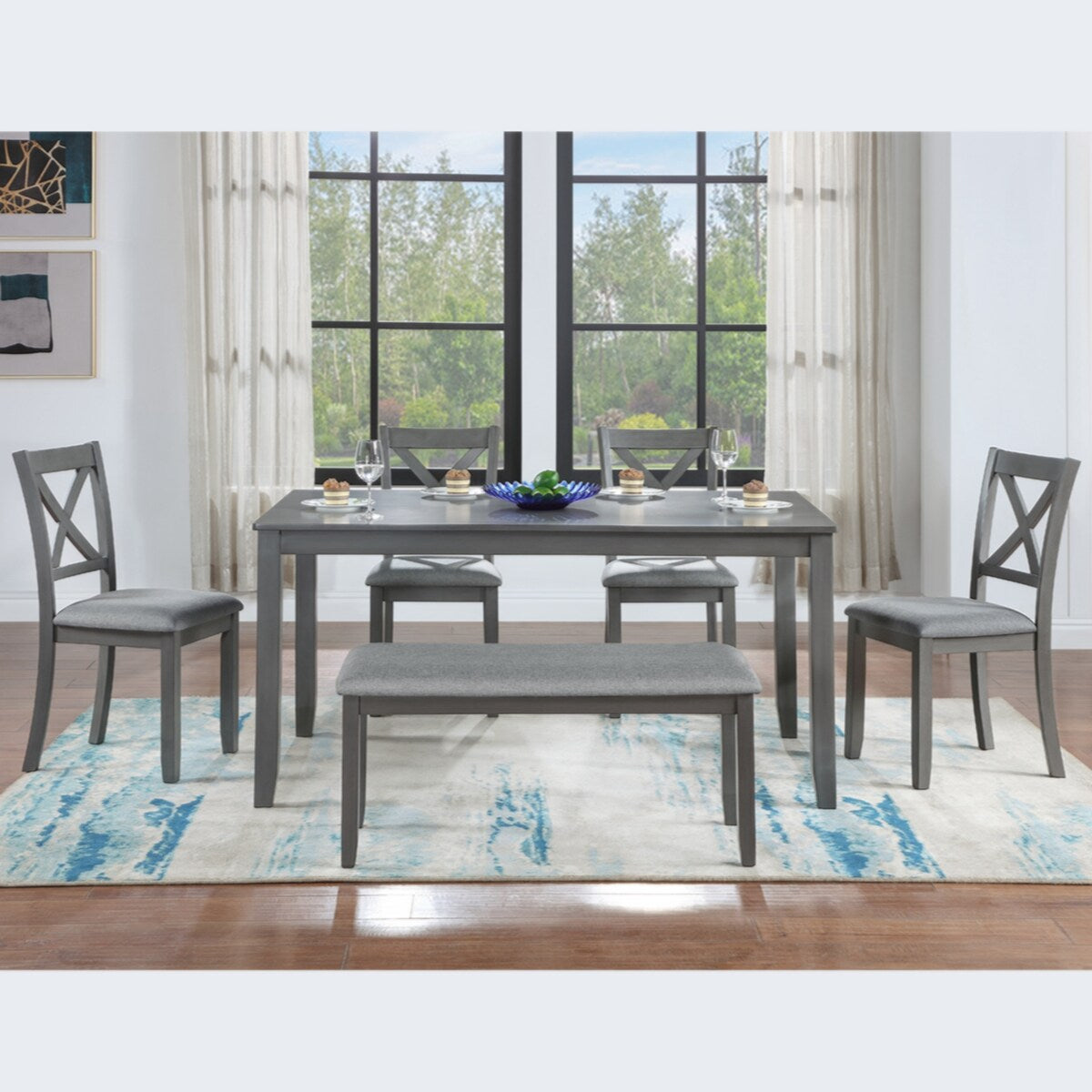 Wooden Dining Rectangular Table with Bench, Kitchen Table with Bench for Small Space,6 Person Dining Table