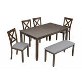 Wooden Dining Rectangular Table with Bench, Kitchen Table with Bench for Small Space,6 Person Dining Table
