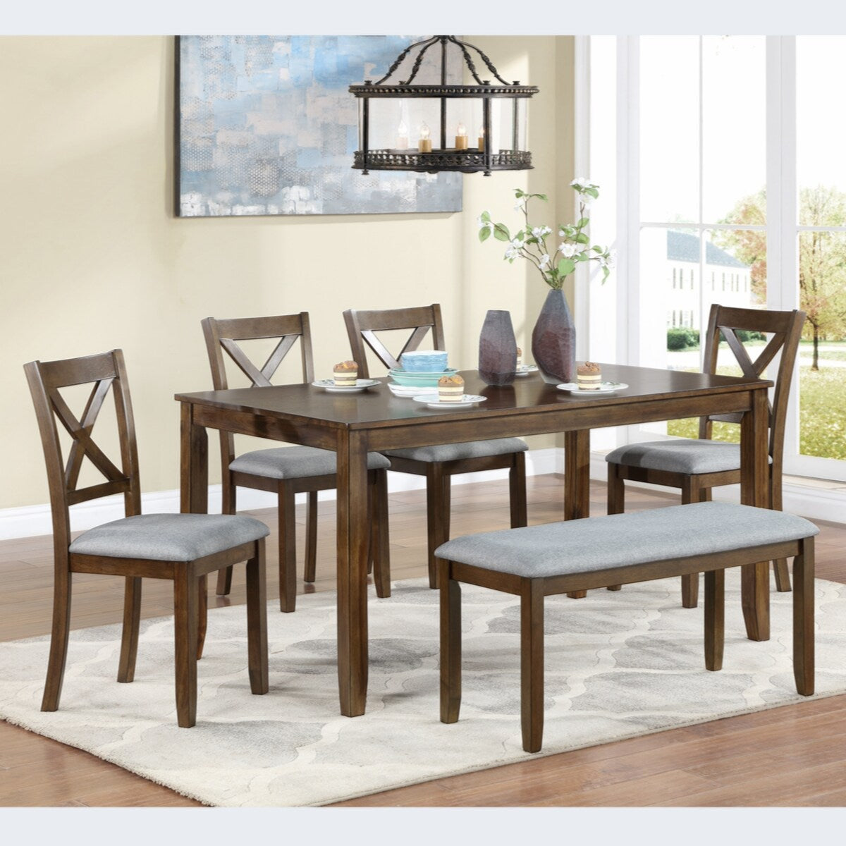 Wooden Dining Rectangular Table with Bench, Kitchen Table with Bench for Small Space,6 Person Dining Table